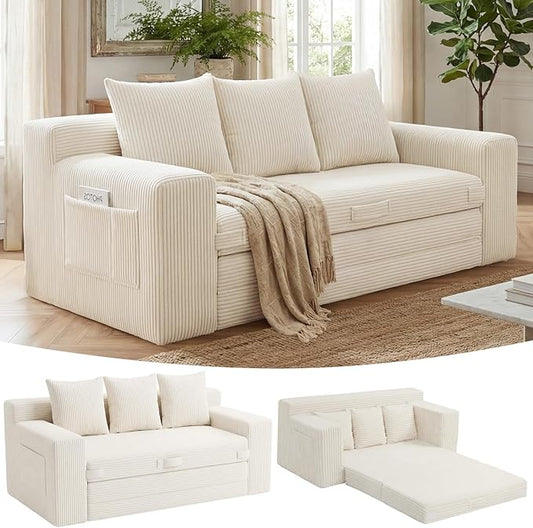 Boneless Couch,3 Seater Boneless Couch Bed – 3-in-1 Convertible Sleeper Sofa with Side Pockets & Handle,Pull Out Corduroy Futon for Small Space,Living Room & Bedroom, 3 Pillows Included,No Assembly