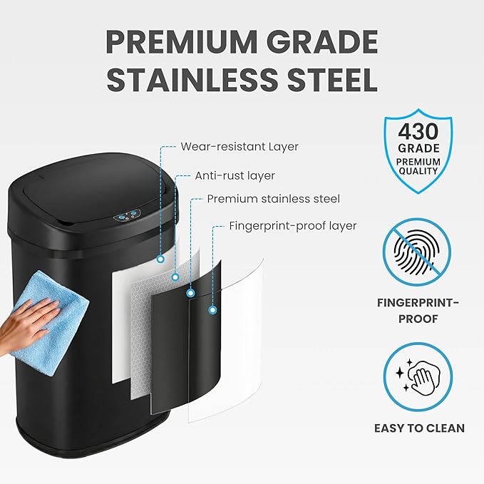 iTouchless 13 Gallon Oval Automatic Garbage Can with Odor Filter, 50L Touchless Kitchen Wastebasket, Smart Hands-Free Motion Sensor Lid, Fingerprint-Proof, Soft-Close, Modern Matte Black Finish