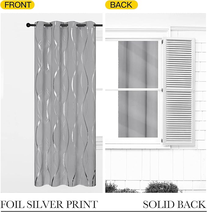 NICETOWN Living Room Curtains, Extra Long Blackout Curtains and Drapes for Large Window, Foil Printed Wave Lines Energy Saving Thermal Insulated Draperies (1 Pair, 52 inch by 108 inch, Silver Grey)