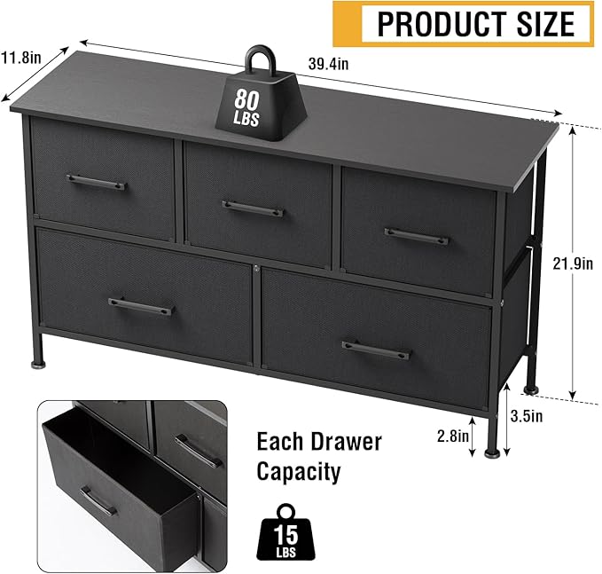 FDW 5 Fabric Drawers Dresser for Bedroom,Chest Organizer Units with Steel Frame and Wooden Top for Bedroom,Closet,Living Room, Entryway,Black