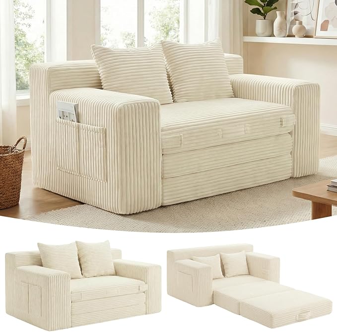 Boneless Couch,Boneless Loveseat Sleeper Sofa Bed – 3-in-1 Convertible Couch Bed with Side Pockets & Handle,Pull Out Corduroy Futon for Small Space,Living Room & Bedroom,2 Pillows Included,No Assembly