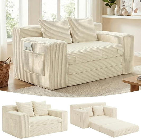 Boneless Couch,Boneless Loveseat Sleeper Sofa Bed – 3-in-1 Convertible Couch Bed with Side Pockets & Handle,Pull Out Corduroy Futon for Small Space,Living Room & Bedroom,2 Pillows Included,No Assembly