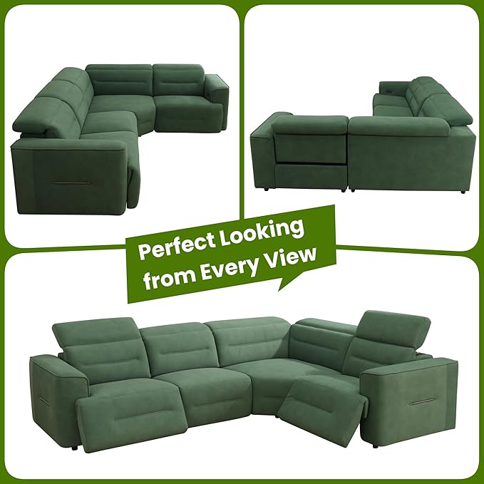 Power Recliner Sectional Couch, Flannel Living Room Furniture Set, Reclining Corner Sectional Sofa with USB Ports for Home/Office (Green, 4 Seater Couch)