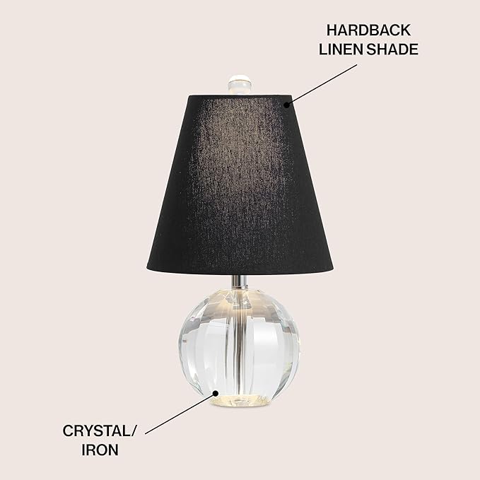 JONATHAN Y 16" Clear/Black Crystal Ball LED Table Lamp, White Modern Bedside Lamp, with White Linen Empire Shade, Glam Orb Glass Nightstand Lamp for Living Room, LED Bulb (JYL2079B)