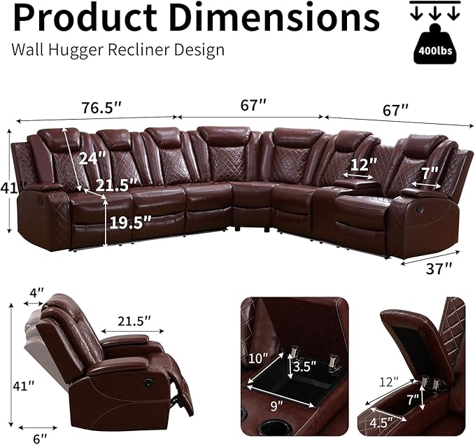 Power Leather Recliner Sectional Sofa with LED Light,L Shaped Reclining Couch with USB Charger/Cup Holder/Storage,Leather Sofa for Living Room Furniture Sets(Burgundy,Sectional)