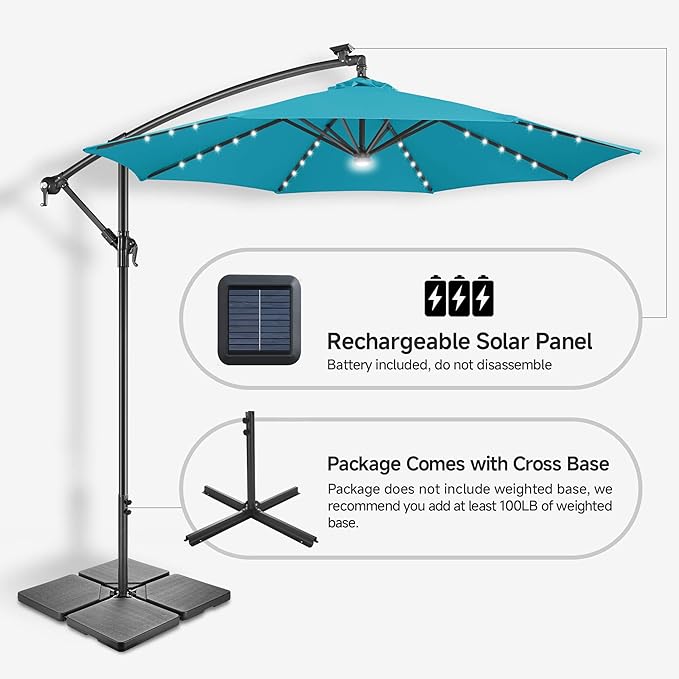 FLAME&SHADE 10ft Solar Cantilever Umbrella with 40 LED Lights, Lighted Large Offset Outdoor Patio Umbrellas, 8 Sturdy Ribs, UPF50+ UV Protection for Pool Deck Garden Yard, Aqua Blue