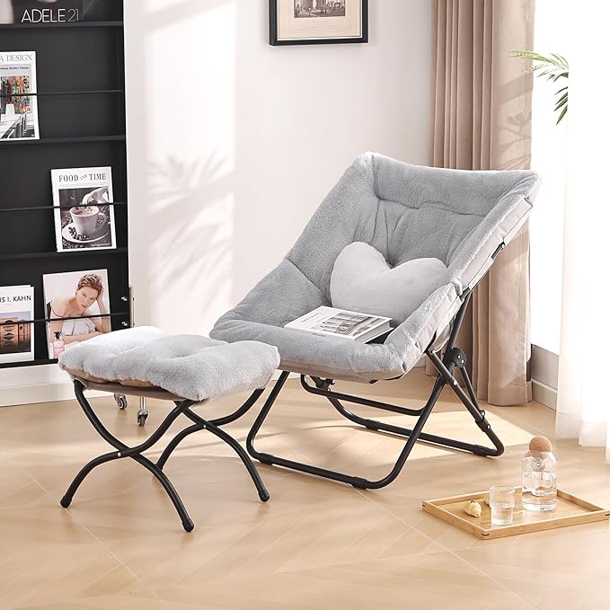 Comfy Saucer Chair with Ottoman, Oversized Folding Faux Fur Chair Soft Furry Lazy Chair with Metal Frame Moon Chair Accent Chair for Bedroom, Living Room, Dorm Rooms, Grey