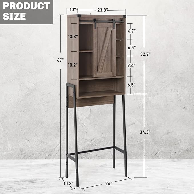 Over The Toilet Storage Cabinet, Behind Toilet Bathroom Organizer with Adjustable Shelves, Above Toilet Organizers with Barn Door, Space Saver for Restroom, Bathroom, Laundry, Grey