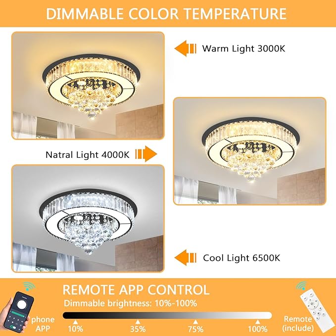 19.6'' Black Modern Crystal Chandeliers for Dining Room LED Dimmable Light Fixtures Flush Mount Light Living Room Bedrooms
