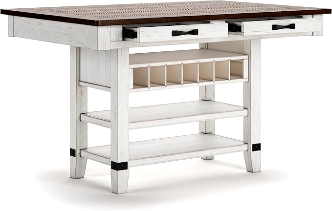 Signature Design by Ashley Valebeck Rectangular Dining Room Table, 4 Drawers, 2 Open Shelves, Wine Rack, Wood, 60" W x 40" D x 36.13" H, White & Brown