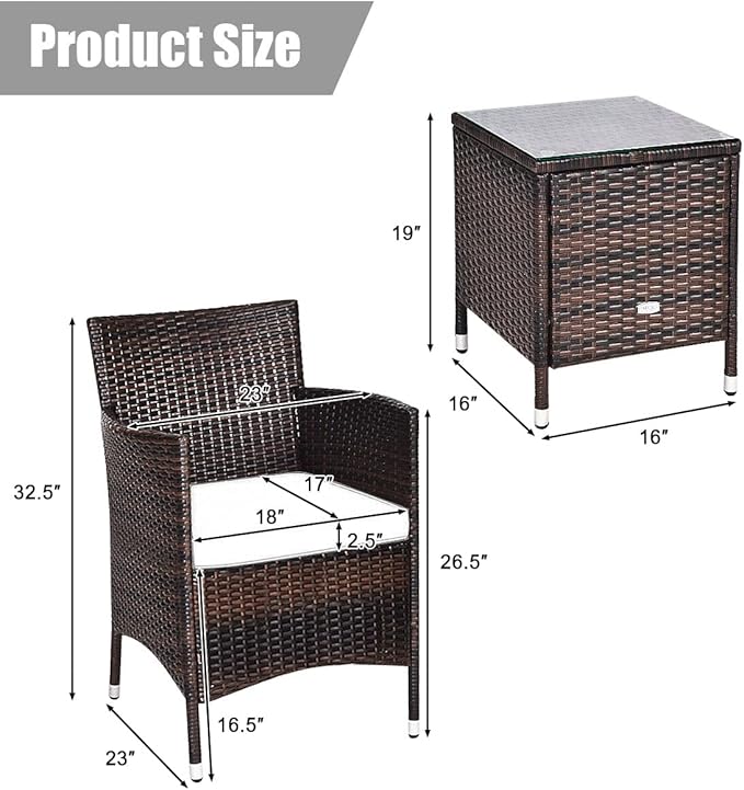 Tangkula Patio Furniture Set 3 Piece, Outdoor Wicker Rattan Conversation Set with Coffee Table, Chairs & Thick Cushions, Suitable for Patio Garden Lawn Backyard Pool