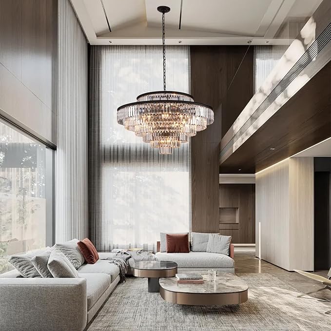 Crystal Chandelier 7-Tier Luxury Pendant Lights Fixture Hanging Adjustable for Dining Room Living Room Dia 39 Inch-Black