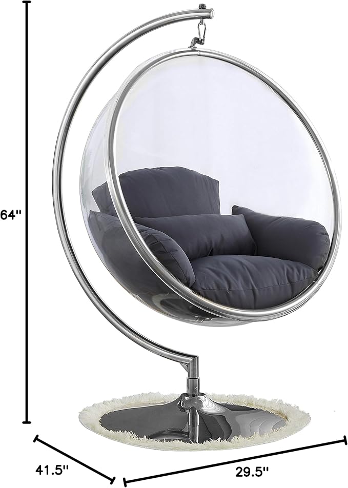 Meridian Furniture 507Grey Luna Collection Modern | Contemporary Clear Acrylic Accent Swing Chair with Durable Metal Base and Fabric Seat, Grey, Chrome Finish, 41.5" W x 29.5" D x 64" H
