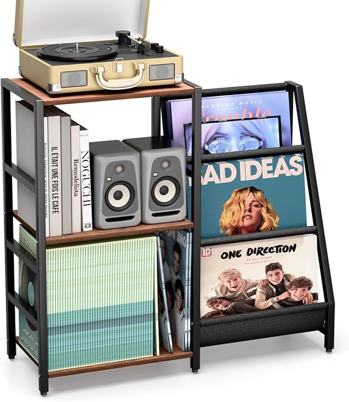 Record Player Stand, Turntable Stand with Vinyl Record Storage Holds up to 300+ Albums, 3-Tier Storage Cabinet And Table with Vinyl LP Display Shelf Holder, Turntable Cabinet Media Console for Living Room