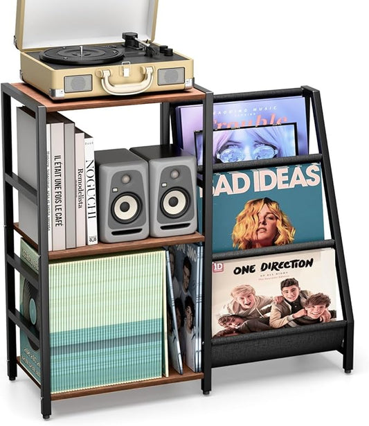 Record Player Stand, Turntable Stand with Vinyl Record Storage Holds up to 300+ Albums, 3-Tier Storage Cabinet And Table with Vinyl LP Display Shelf Holder, Turntable Cabinet Media Console for Living Room