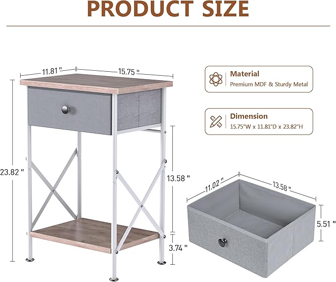 VECELO End Tables, Modern Nightstand with Fabric Drawer & Open Shelf, Night Stand for Bedroom Living Room, Industrial Metal Frame, Easy Assembly, Grey,2 Pack