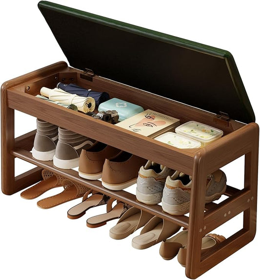 AQIMUELE Shoe Rack Bench,2 Tiers Shoe Bench with Storage with Flip-Top,Wood Shoe Rack for Entryway,Hallway（Green Upholstered Seat）
