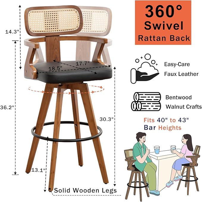 Swivel Bar Stools Set of 2 - 30 inch Mid Century Bar Stools with Walnut Craftsmanship, Curved Rattan Back, Upholstered Seat, Bar Height BarStools for Kitchen/Pub/Island/Cafe (30" Seat Height, Black)