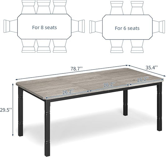 Garvee Large Dining Table for 6-8 People, 79" Wooden Kitchen Table with Sturdy Metal Frame, Dining Room Table for Dining Room, Kitchen, Black Leg & Grey