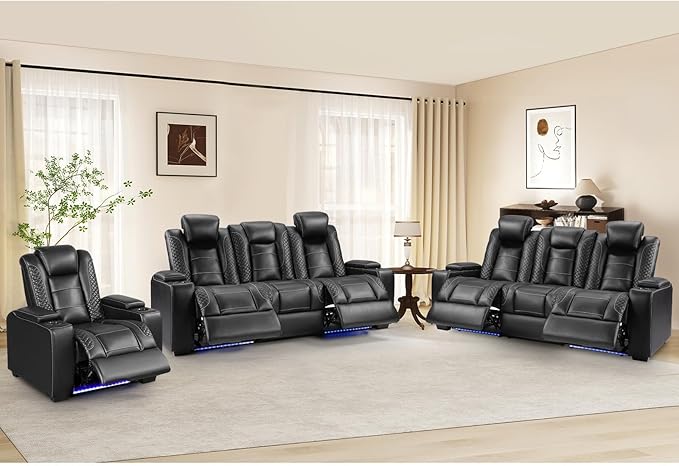 ANJ Modular Power Recliner Set: 5-Seat Home Theater Seating with 2 Loveseats (Center Console & Fixed Middle), LED Lights, USB Charging, Faux Leather for Living Room (Black)