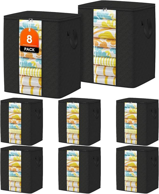 Clothes Storage Bags, 8-Pack Comforter Blanket Organizers, 80L Large Capacity Containers with Visual Window for Clothing, Quilt, Sheet, Pillow, Closet Organization for Bedding (Black)