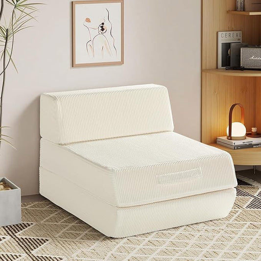 Trenda Folding Sofa Bed, 16lbs Convertible Sleeper Chair with Removable Back Pillow & Handle, Washable Cover Solid Foam Fold Out Chair Bed for Living Room, Apartment, Guest, Single, Beige
