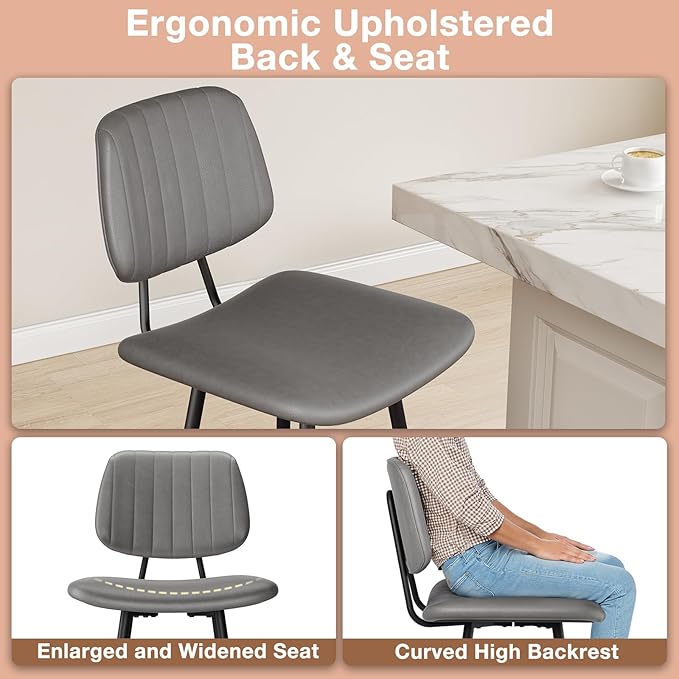 24-Inch Leather Bar Stools Set of 2, Counter Height Barstools with High Backrest，Bar Chairs for Kitchen Island with Heavy Duty Metal Base, Gray