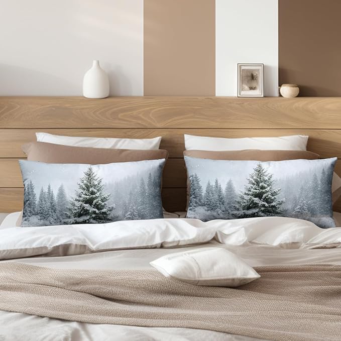 Winter Lumbar Pillow Covers 12x20 Set of 2 Christmas Pine Tree Outdoor Rectangle Throw Pillow Cases Snow Natural Forest Xmas Holiday Cushion Case for Farmhouse Living Room Decor
