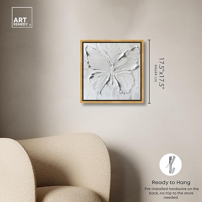 Art Remedy White Butterfly Canvas Elegant White Gold Wall Art, Gold Frame, 16" x 16"