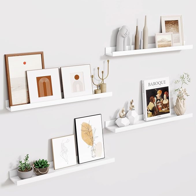 Fun Memories Picture Ledge Shelf - 24 Inches Floating Shelves Set of 4 - Floating Shelves with Lip for Storage - Wood Bookshelf Wall Mounted for Bedroom - Living Room - Kitchen - White Color