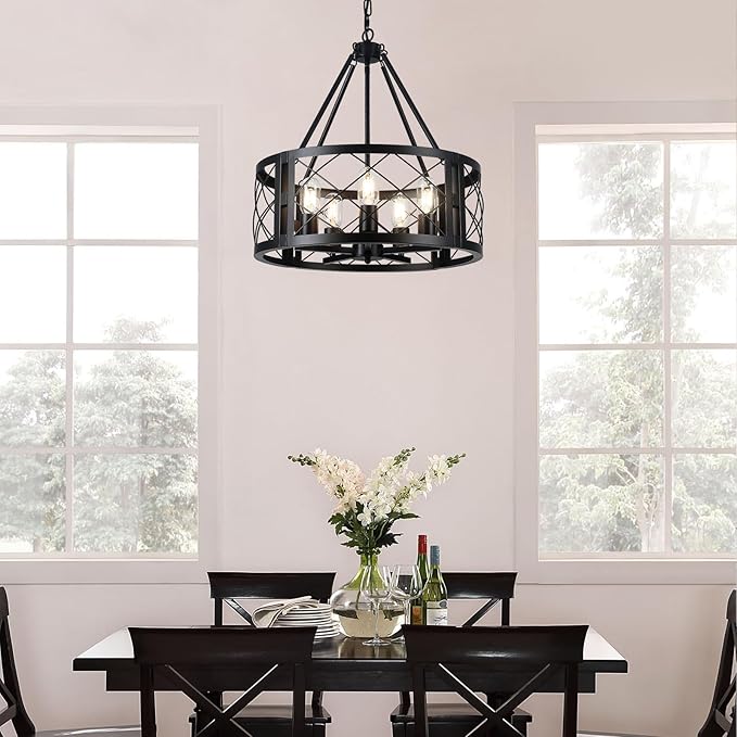 5-Light Farmhouse Chandelier 19.8" Black Rustic Chandelier for Dining Room Wood Texture Adjustable Pendant Light Fixture for Kitchen Island Entryway Bedroom Hallway