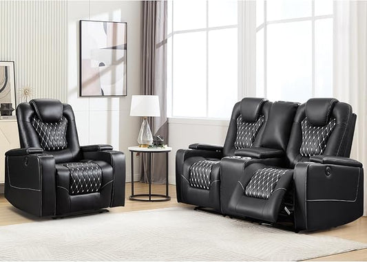 ANJ Power Recliner Sofa Set with 1 Recliner and 2 Seater Loveseat, Electric Reclining PU Leather Living Room Furniture with USB Ports, Cup Holders and Hidden Arm Storage, Black