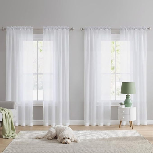 NICETOWN White Sheer Curtains 102 inches Long 4 Panels, 42 inch Wide Rod Pocket Light Filtering Drapes Translucent Modern Voile Airy & Breathable Window Treatment for Living Room