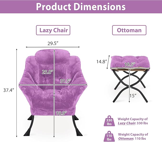 Lazy Chair with Folding Ottoman, Accent Chair Plush Upholstered with Metal Structure and Non-Slip Pads, Sofa Armchair with Footrest and Side Storage Bag for Dorm, Room, Office, Purple