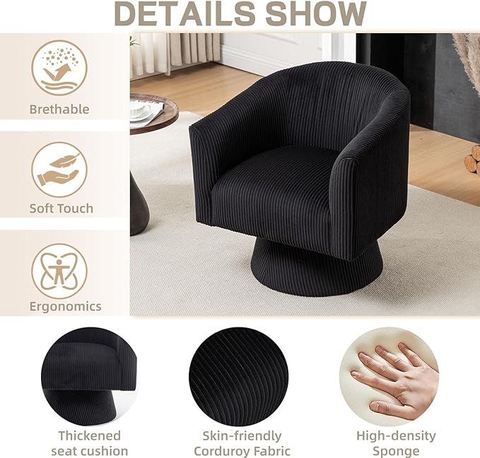 Swivel Accent Chair, Modern 360° Barrel Chair, Corduroy Upholstered Single Sofa for Living Room, Bedroom(Black)