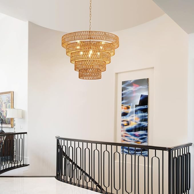 25.6" Hand-Woven Rattan Chandelier Light Fixture 8-Light Vintage Farmhouse Hand-Woven Boho Bamboo Rattan Chandelier 5-Tier Drum Wicker Golden Chandeliers for Dining Room, Kitchen, Living Room
