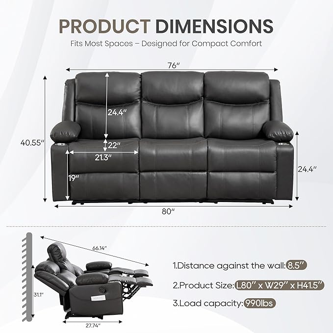 Manual Reclining 3-Seater Sofa with Heat & Massage, PU Leather Recliner Couch for Living Room, Faux Leather Upholstery, Deep Cushions & Sturdy Frame (Grey)