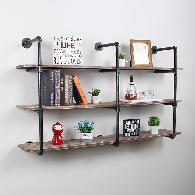 MBQQ Industrial Pipe Shelving Wall Mounted,63in Rustic Metal Floating Shelves,Steampunk Real Wood Book Shelves,Wall Shelf Unit Bookshelf Hanging Wall Shelves,Farmhouse Kitchen Bar Shelving(3 Tier)