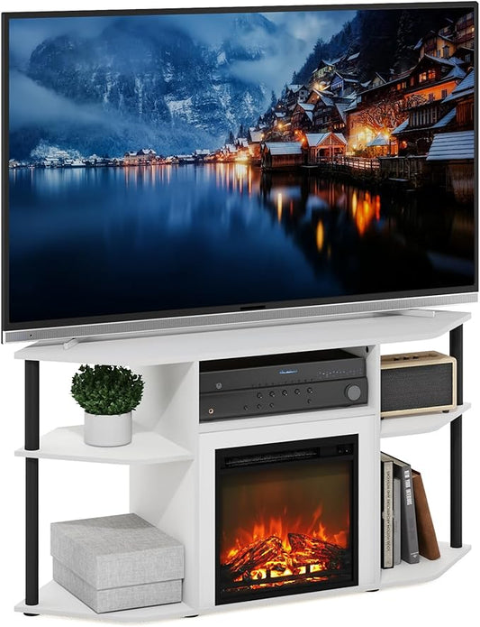 Furinno Jensen Fireplace TV Stand, Corner Entertainment Center, TV Console for TV up to 55 Inch with Fireplace, Plastic Poles and Open Storage, for Living Room, Bedroom, Solid White