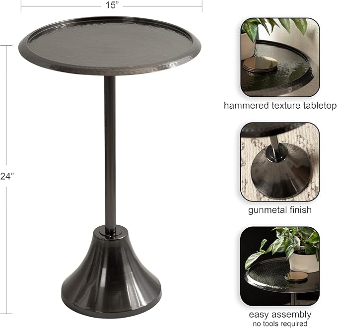 Kate and Laurel Sanzo Modern Pedestal Side Table, 15 x 15 x 24, Gray Gunmetal, Decorative End Table with Hammered Tabletop for Use as a Bedroom Nightstand or Living Room Accent Table