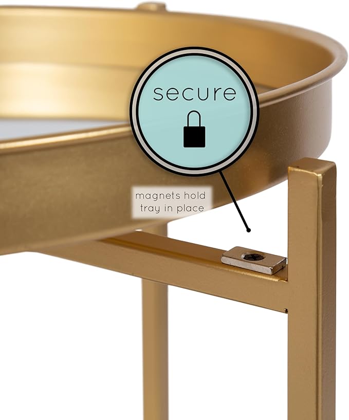 Kate and Laurel Celia Round Metal Foldable Tiered Side Table; 16 x 26; Gold; Modern Accent Table with Mirrored Magnetic Tray Tabletops and Space-Saving Folding Base