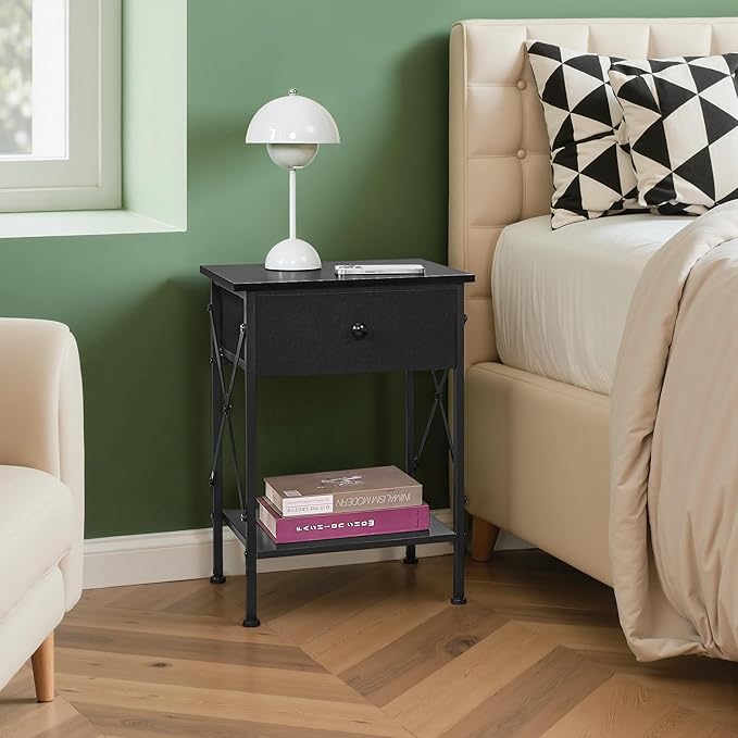 VECELO Nightstand Set of 2, X-Design End Side Table with Fabric Storage Drawer and Open Shelf, Bedside Night Stand with Steel Frame for Bedroom, Living Room,Dorm, Easy Assembly,Classic Black