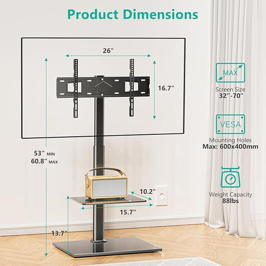 WALI TV Floor Stand for 32-70inch TVs up to 88lbs, Universal Floor TV Stand Mount, Swivel and Height Adjustable Tall TV Stand with Tempered Glass Base and Shelf for Living Room,Bedroom,Office(TVDVD-6)