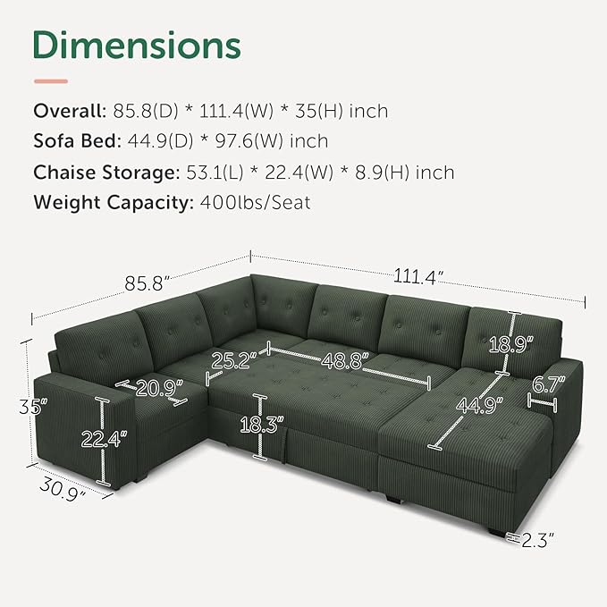 HONBAY Sectional Sleeper Sofa Bed with Storage Chaise, Sleeper Sectional Pull-Out Sofa, Sectional Sleeper Couch for Living Room, Velvet Green