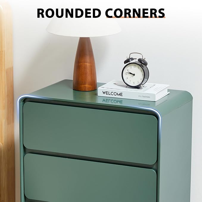AVZEAR Modern3 Drawer Dresser for Bedroom, Curved Wooden Dresser Chest of Drawers, 3 Drawer Nightstand Closet Clothes Storage Organizer for Kids Bedroom, Living Room, Nursery, Green