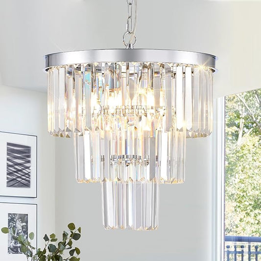 Modern Chrome Crystal Chandeliers 16" Small Pendant Light Luxury 3 Tiers 6-Light K9 Crystal Ceiling Pendant Round Light Fixture for Dining Room Entryway Kitchen Bedroom Closet