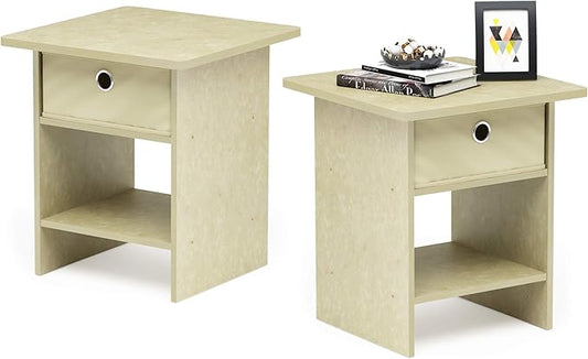 Furinno Dario End Table/Night Stand Storage Shelf with Bin Drawer, Beige Marble/Ivory, Set of 2