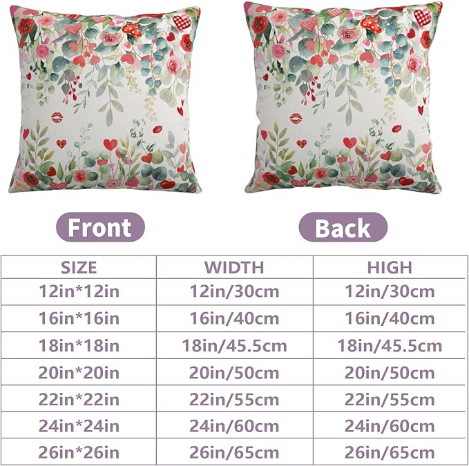 Valentines Day Floral Throw Pillow Covers 16x16 Inch Set of 2 Red Pink Roses Hearts Pillowcases Valentines Eucalyptus Leaves Decorative Cushion Covers for Home Sofa Bed