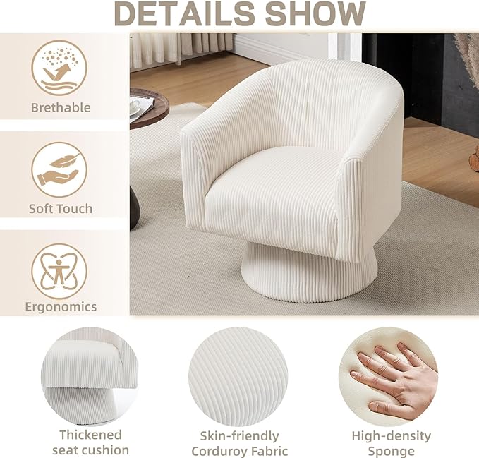 Swivel Accent Chair, Modern 360° Barrel Chair, Corduroy Upholstered Single Sofa for Living Room, Bedroom(Beige)