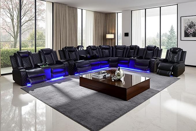 Power Breathing Leather Reclining Sofa, Power Recliner Sectional Sofa with Reading lamp/LED Light, Sectional Reclining Loveseat Couch with Hide-Away Storage for Living Room